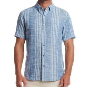 WEATHERPROOF VINTAGE Blue Stripe Linen Blend Woven Shirt Mens L Short Sleeve NWT
